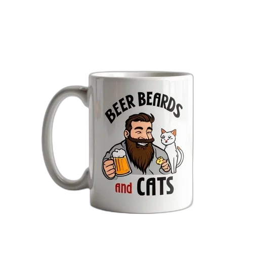 white, ceramic, mug, cartoon, character, bearded, man, holding transparent PNG cut-out