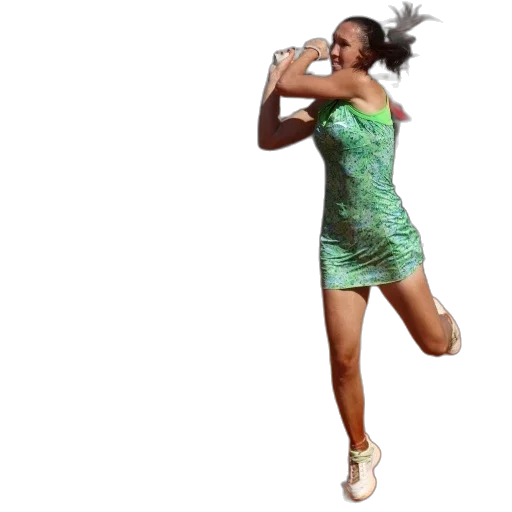 dress, 3d render, photorealistic, female, tennis, player, green, swinging transparent PNG cut-out