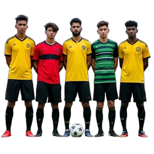 group, five, soccer, players, standing, line, wearing, their transparent PNG cut-out