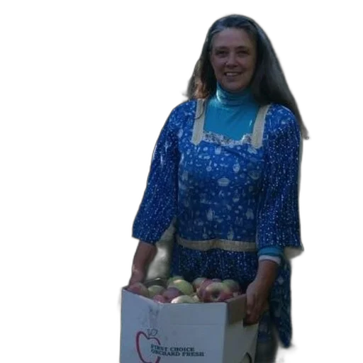 staff, woman, blue, dress, holds, box, apples, orchard transparent PNG cut-out