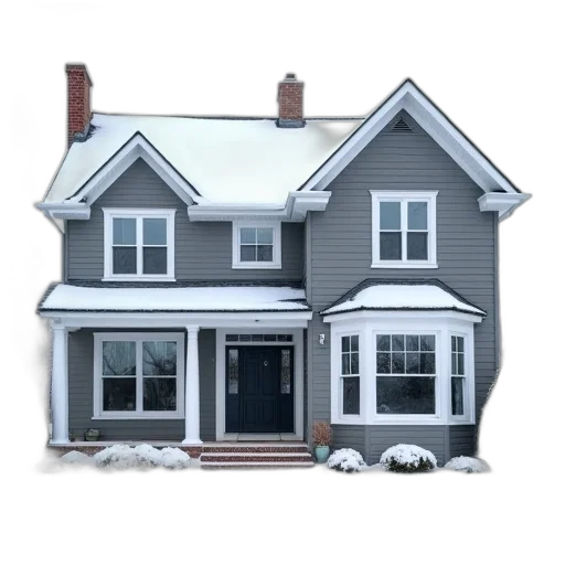 building, 3d render, photorealistic, concept art, snow, monochrome, two-story, house transparent PNG cut-out