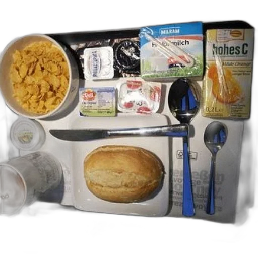 food, breakfast, tray, bowl, cereal, roll, cup, coffee transparent PNG cut-out