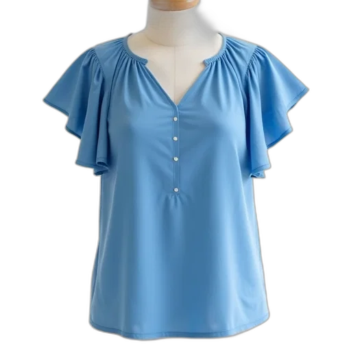 dress, blue, top, ruffled, sleeves, v-neckline, displayed, mannequin transparent PNG cut-out