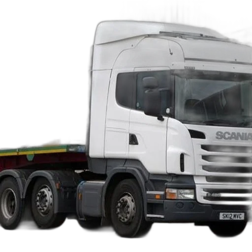 photorealistic, white, scania, truck, flatbed, trailer, parked, front transparent PNG cut-out