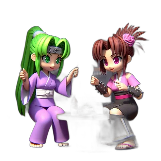 3d render, concept art, pixel art, vaporwave, two, anime-style, female, characters transparent PNG cut-out