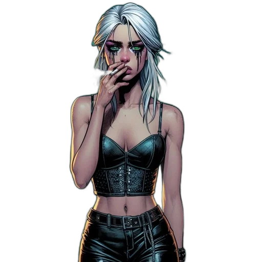 comic book art, concept art, cyberpunk, fantasy art, dark, monochrome, woman, silver transparent PNG cut-out