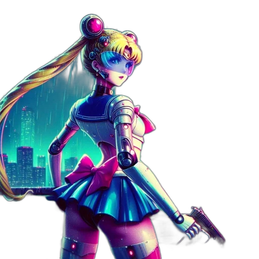 weapon, robot, dress, cyberpunk, anime, concept art, pixel art, neon lights transparent PNG cut-out