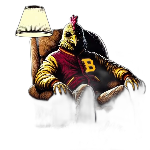 concept art, 3d render, chicken, wears, bright, jacket, letter, sits transparent PNG cut-out