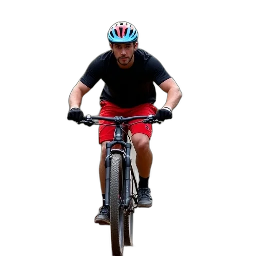 man, riding, mountain, bike, dirt, trail, surrounded, bushes transparent PNG cut-out