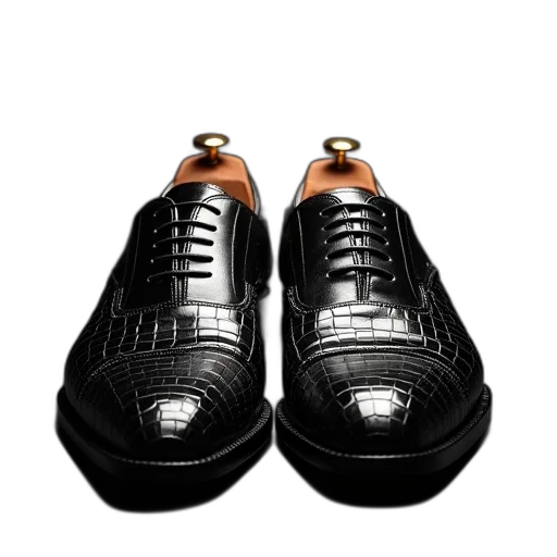 shoes, bottle, 3d render, photorealistic, black, crocodile, front transparent PNG cut-out