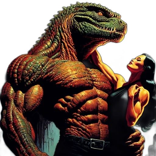 comic book art, concept art, reptilian, creature, woman, cave, setting, placing transparent PNG cut-out