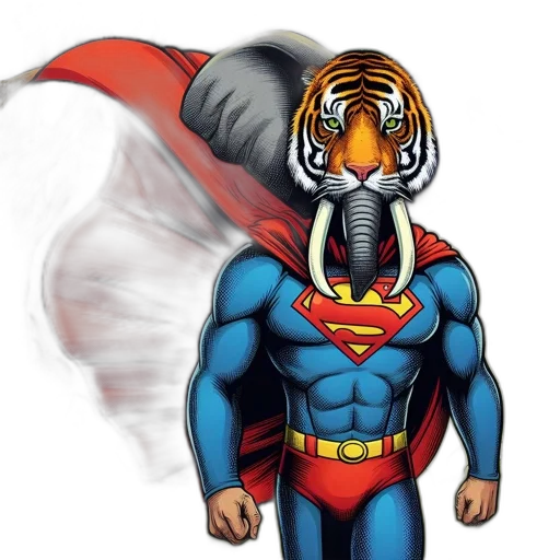 mask, comic book art, concept art, cartoon, fantasy art, elephant-headed, tiger, superhero transparent PNG cut-out