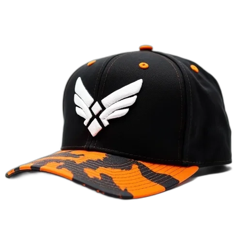 hat, 3d render, black, orange, baseball, cap, white, logo transparent PNG cut-out