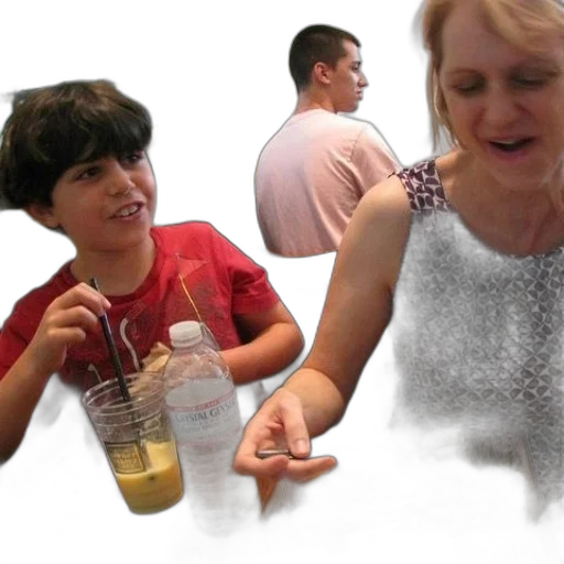 woman, boy, sit, table, bottle, water, drink transparent PNG cut-out