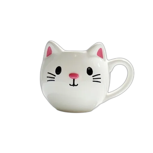 photorealistic, 3d render, white, ceramic, mug, cartoon, cat, face transparent PNG cut-out