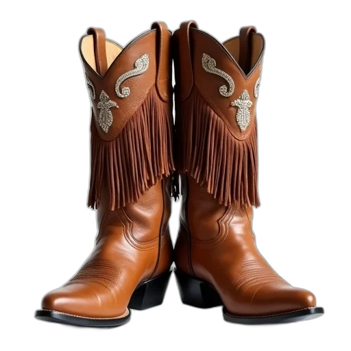shoes, pair, brown, cowboy, boots, fringes, sides, decorative transparent PNG cut-out