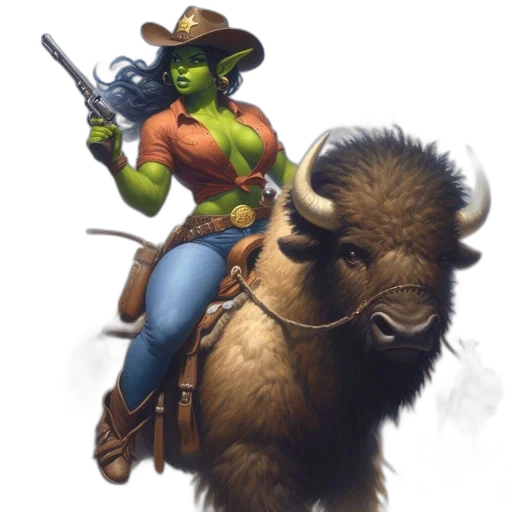 concept art, fantasy art, comic book art, green-skinned, orc-like, character, rides, bison transparent PNG cut-out