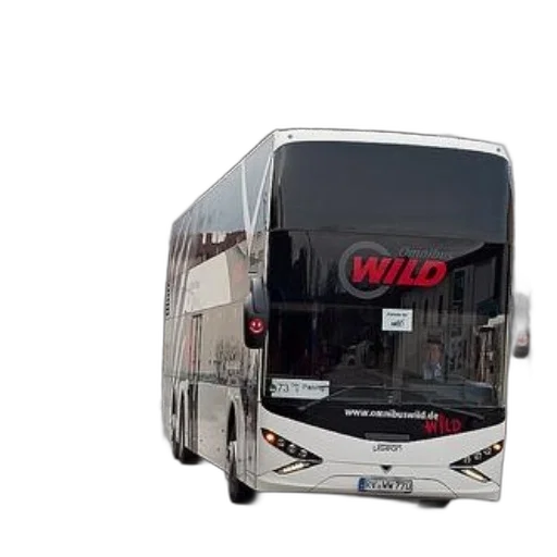 3d render, white, double-decker, bus, logo, wild, front, driving transparent PNG cut-out