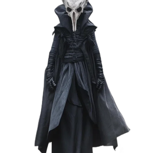 jacket, dress, mask, concept art, dark, monochrome, hooded, figure transparent PNG cut-out