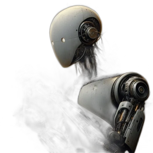 robot, mask, hair, weapon, concept art, photorealistic, 3d render, cyberpunk transparent PNG cut-out