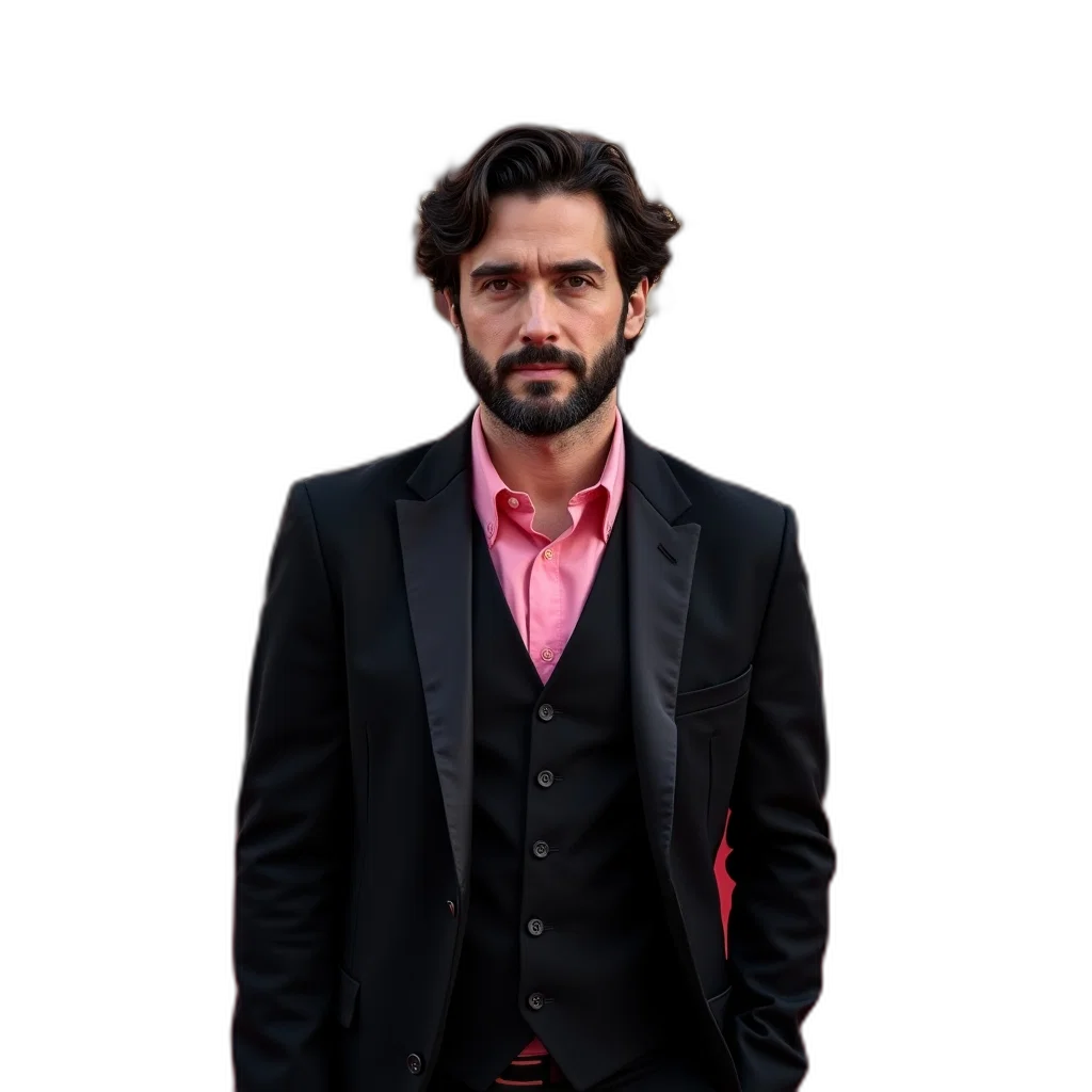 jacket, staff, face, red, man, dark, hair, beard transparent PNG cut-out