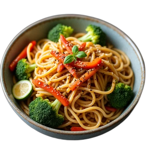 food, photorealistic, bowl, noodles, variety, vegetables, including, broccoli transparent PNG cut-out