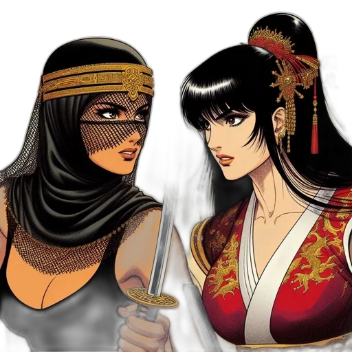 comic book art, concept art, fantasy art, anime, two, female, characters, donning transparent PNG cut-out