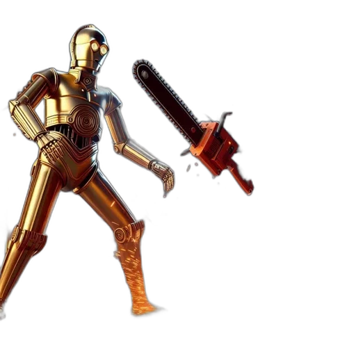 robot, weapon, sword, staff, 3d render, concept art, pixel art, golden transparent PNG cut-out