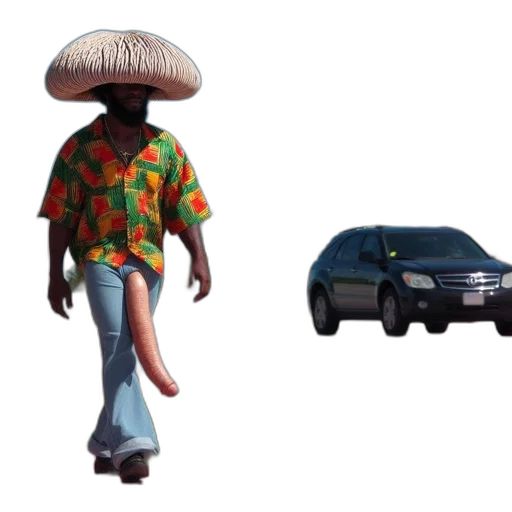 car, hat, umbrella, concept art, 3d render, photorealistic, man, patterned transparent PNG cut-out