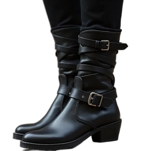 shoes, dark, black, rider, boot, buckle, leather, straps transparent PNG cut-out