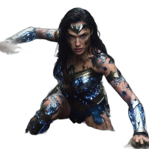 concept art, comic book art, fantasy art, photorealistic, wonder, woman, stands, muddied transparent PNG cut-out