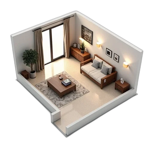 furniture, 3d render, photorealistic, concept art, pixel art, earth tones, monochrome, plan transparent PNG cut-out