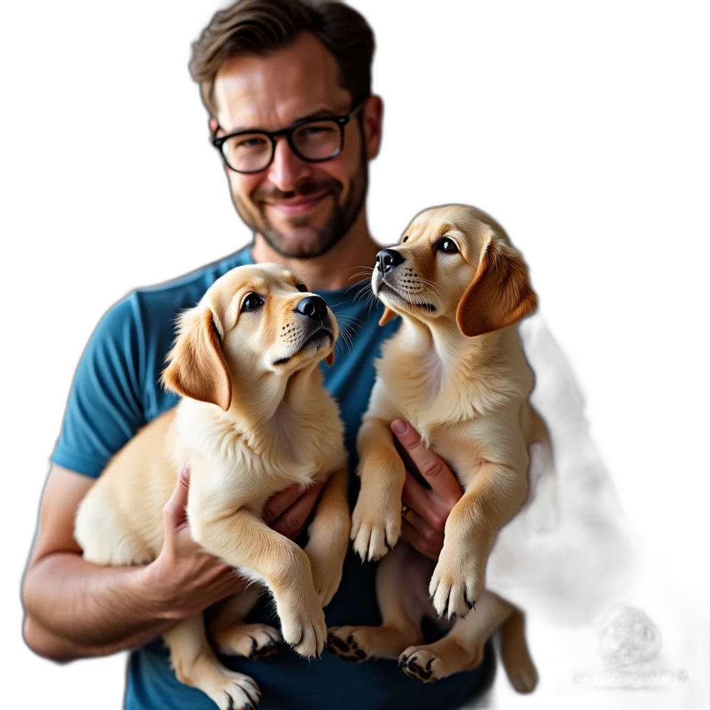 animal, staff, man, holding, two, golden, retriever, puppies transparent PNG cut-out