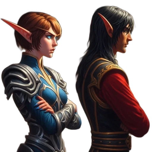 fantasy art, concept art, pixel art, comic book art, two, elves, female, blue transparent PNG cut-out