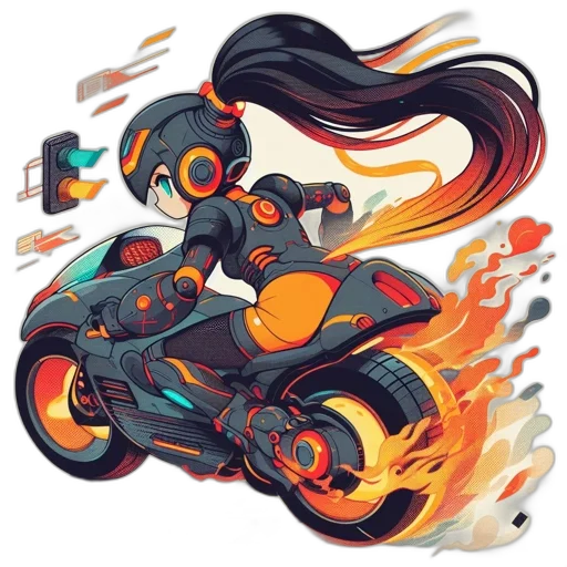 robot, concept art, comic book art, cyberpunk, pixel art, fire, neon, dark transparent PNG cut-out