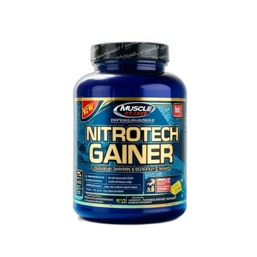 bottle, muscletech, nitrotech, gainer, gold, supplement, blue, label transparent PNG cut-out