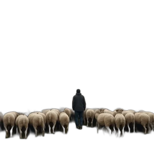 animal, jacket, fog, person, stands, center, large, herd transparent PNG cut-out