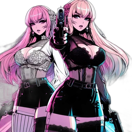 weapon, cyberpunk, comic book art, concept art, anime, dark, two, female transparent PNG cut-out