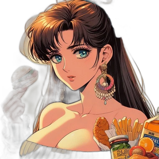 food, jewelry, vaporwave, anime, concept art, photorealistic, fire, cheerful transparent PNG cut-out