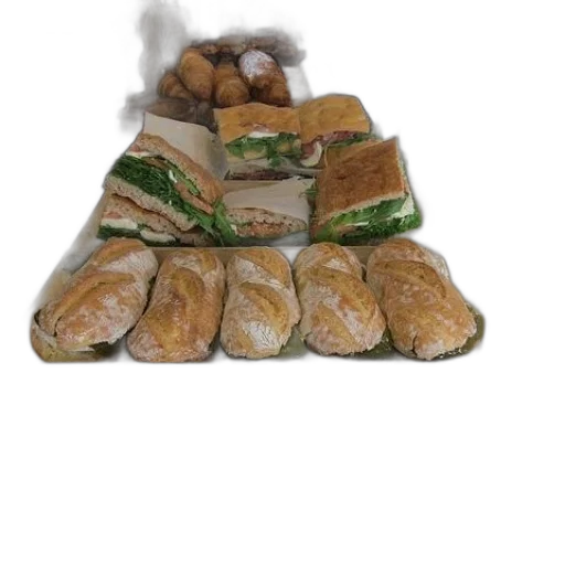 food, 3d render, photorealistic, variety, sandwiches, breads, displayed, wooden transparent PNG cut-out