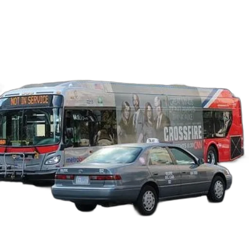 car, concept art, photorealistic, 3d render, city street, city, street, bus transparent PNG cut-out