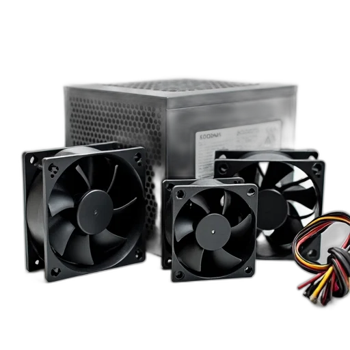 3d render, collection, four, computer, fans, displayed, white, surface transparent PNG cut-out