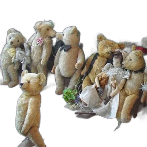 forest, group, vintage, teddy, bears, dolls, gathered, around transparent PNG cut-out