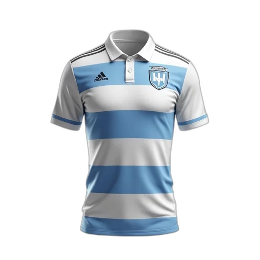 white, blue, striped, soccer, jersey, crest, chest, displayed transparent PNG cut-out