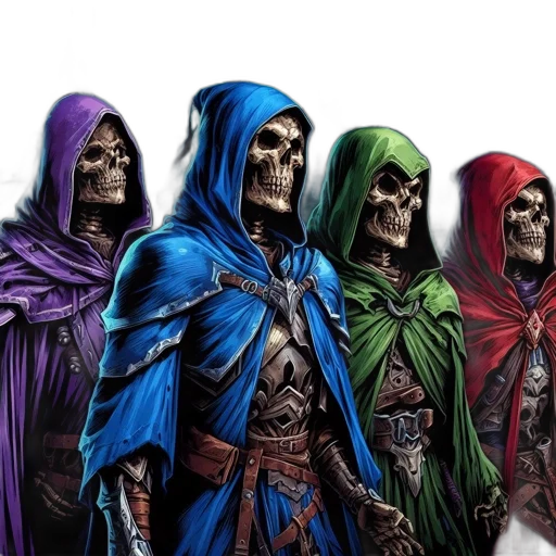 mask, comic book art, concept art, fantasy art, dark, four, skeletal, figures transparent PNG cut-out