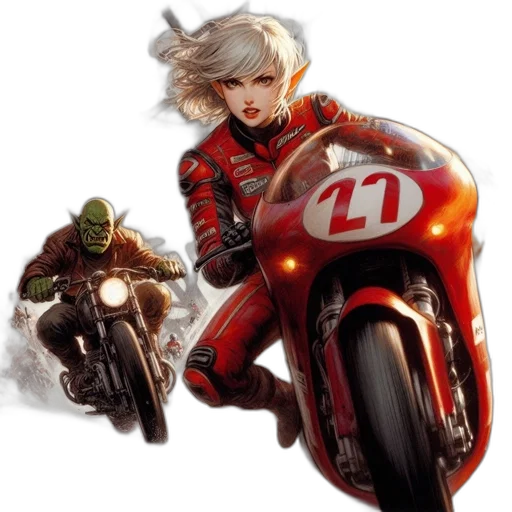 comic book art, concept art, fantasy art, photorealistic, two, racersâ, woman, red transparent PNG cut-out