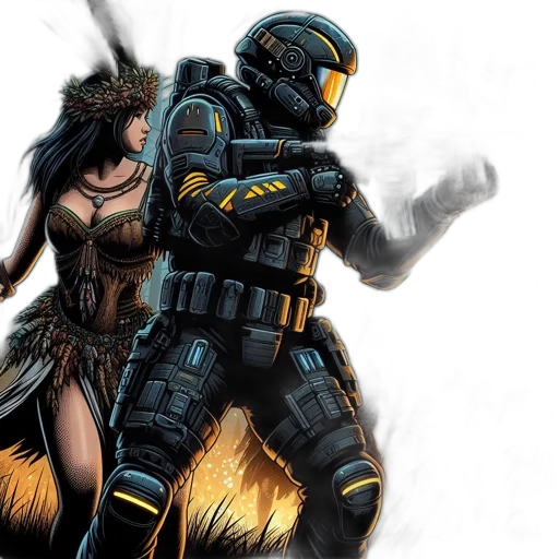 comic book art, concept art, fantasy art, cyberpunk, fire, outer space, female, character transparent PNG cut-out