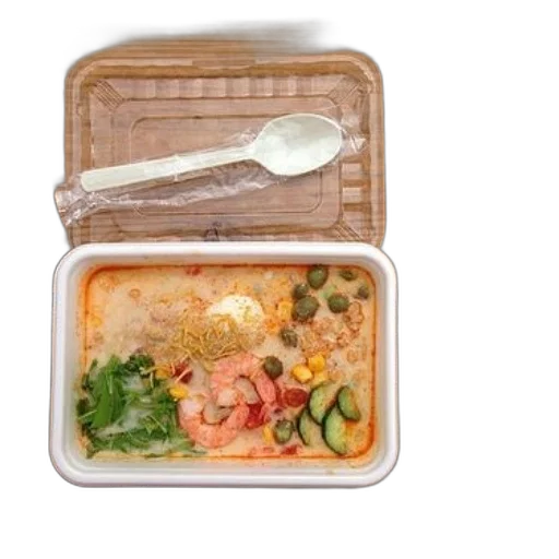 food, container, creamy, soup, shrimp, avocado, corn, herbs transparent PNG cut-out