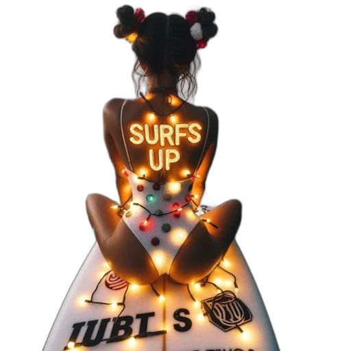 neon lights, woman, wearing, multicolored, swimsuit, surfs, sign, sits transparent PNG cut-out
