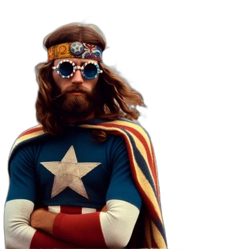 comic book art, man, star-patterned, shirt, cape, outdoor, gathering, american transparent PNG cut-out
